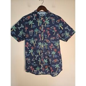 Tropical Neon Chubbies Button Down Shirt Mens Medium Navy Flamingo Palm Tree